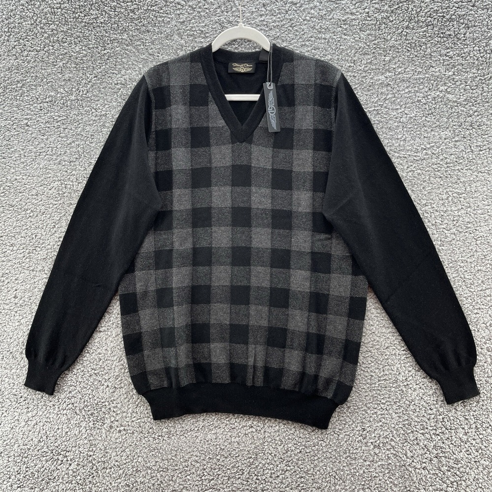 Straight Down Sweater Men Large Black Gray Plaid Merino Cashmere V Neck Pullover
